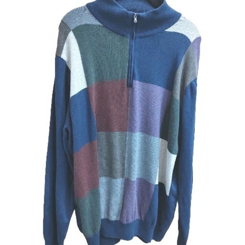 Alan‎ Flusser Colorblock Cotton Sweater 1/4 Zip Neck Sz XL Dadcore Golf Dadcore